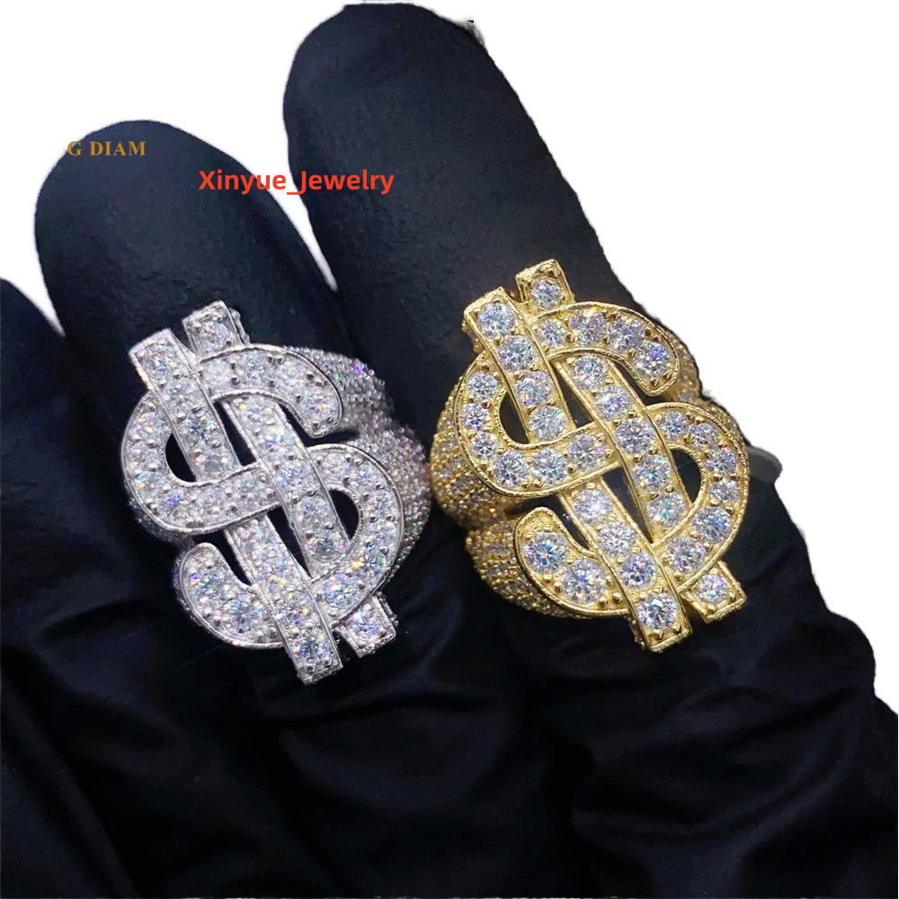 Wholesale 14K Gold Dollar Sign Mens Moissanite Ring Customizable Bling Style Rapper Fashion Iced Out Hip Hop Jewelry