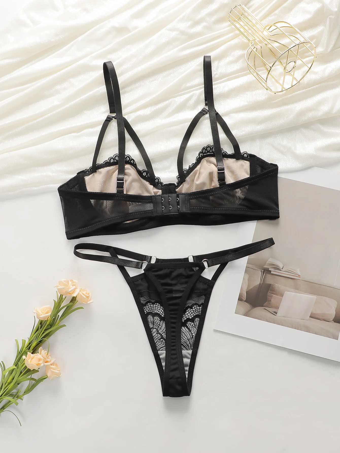 High Quality New Sexy Underwear For Womens Lace Transparent Hollow 3/4 Bra Gathering Steel Ring Push Up Underwear Set HR2634XJ251106