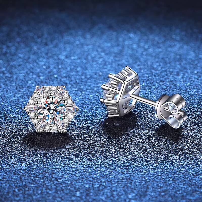 PYQ 05ct Hexagonal Moissanite Earrings for Women Certified by China GRA 925 Silver Hexagonal Earrings