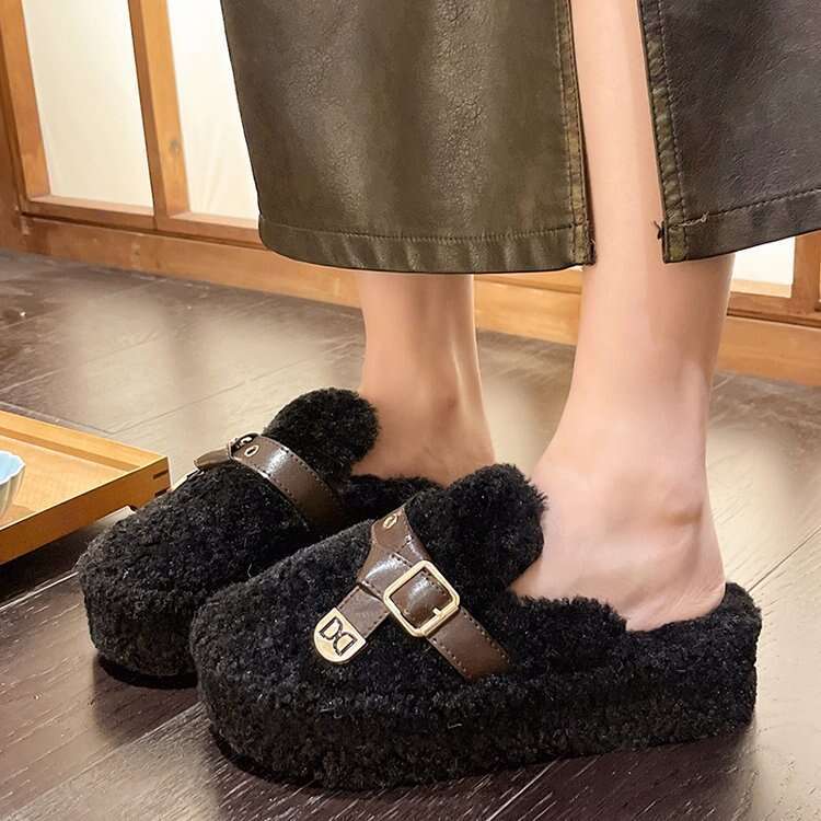 Fashion Designer Slippers Shoes Booties Platform Thick Sole Closed Toe Mules For Women 2025 Winter Lamb Wool Fleece Lined Warm Cotton Slippers