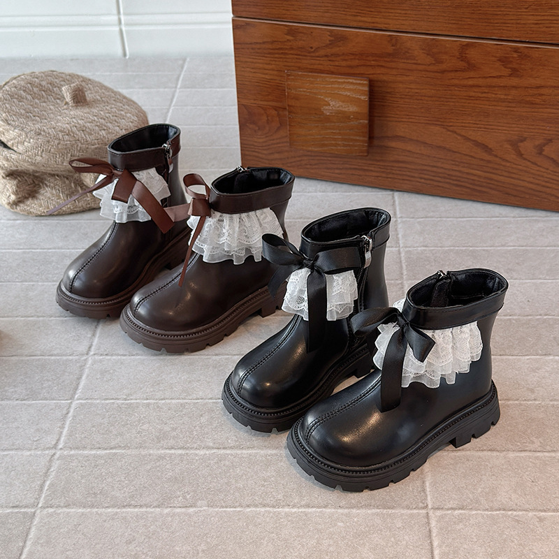 Winter luminous shoes, new lace hanging edge fashionable trendy shoes, butterfly bow wool short boots, casual children's shoes