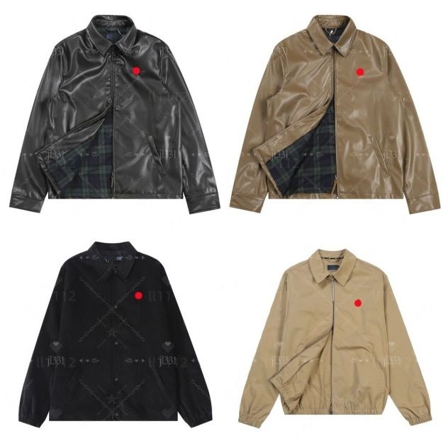 polo jacket Small horse Embroidered Vintage Zipper Solid Collar Men's Leather Jacket Coat Mens Jacket Zipper High Quality Unisex style Lapel stand-up polo jacket