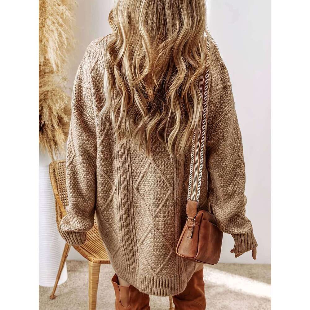 European American Autumn And Winter Knitted Casual Loose Round Neck Pullover Cable Knit Sweater Dress For Women