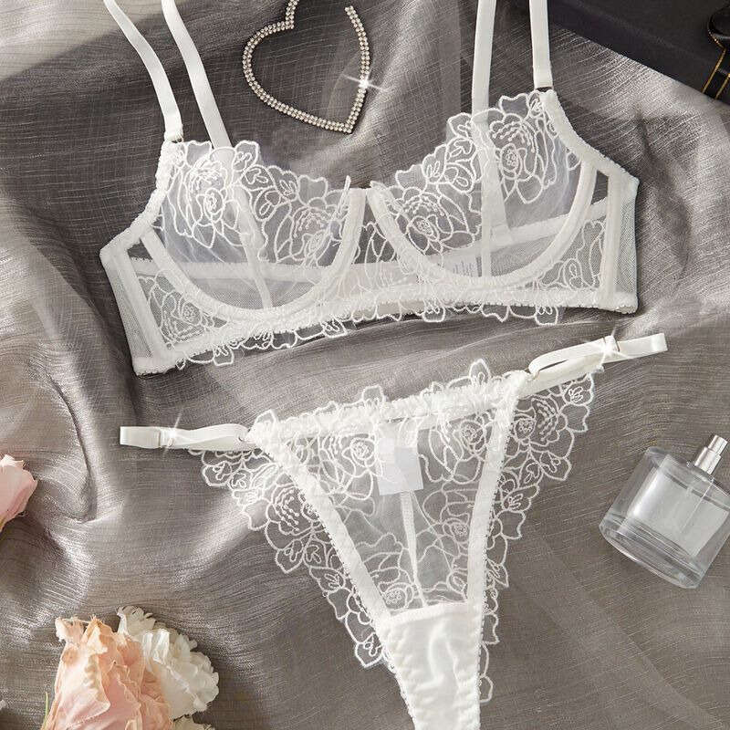 Lace Sexy Lingerie Hot Selling Sexy Mesh Floral Embroidery Push Up Temptation Sheer Lingerie Set For Women