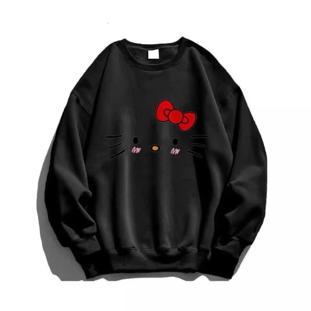 Sanrio KT Cat Long Sleeve Sweatshirt for Women Round Neck 2024 New Spring Autumn Winter Loose Fit White Hoodless Fleece-Lined Thin Top H251121