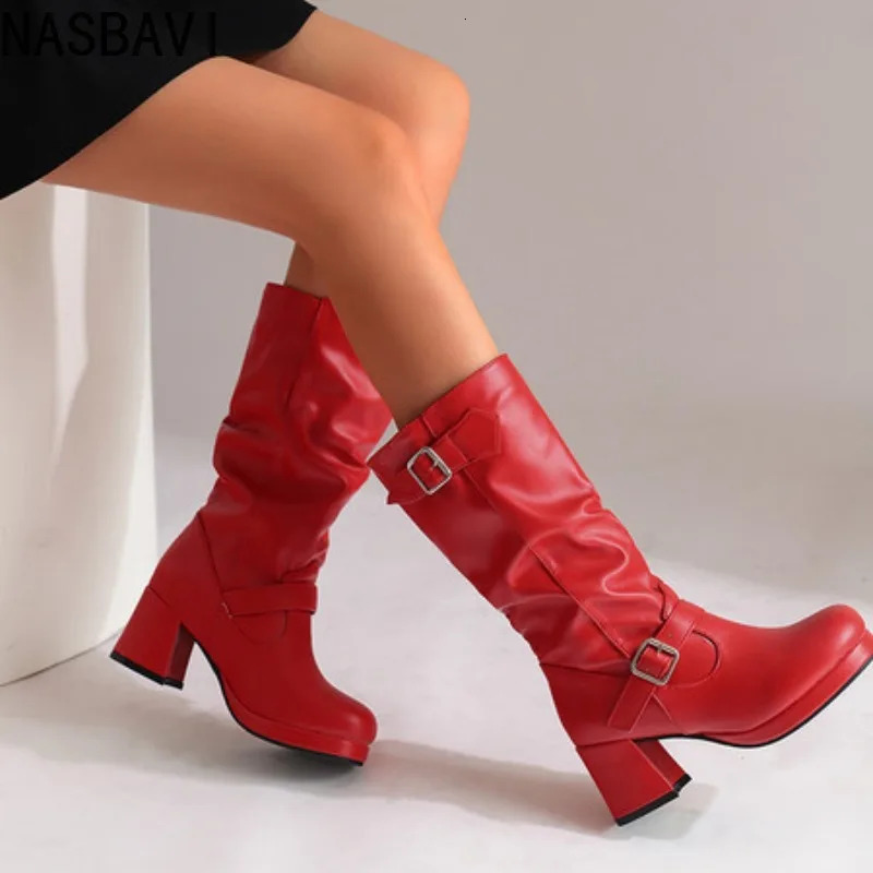 Womens High Boots Sexy Pleated Autumn Winter Shoes Black Red Heeled Long Boot Ladies Large Size 48 Trends 251031