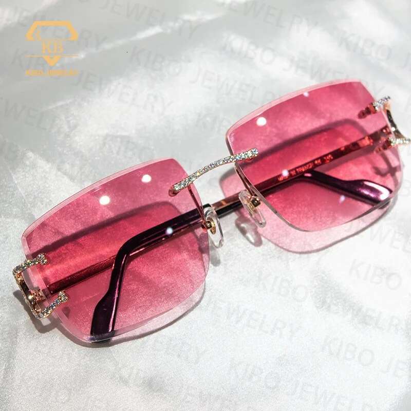 Hip Hop Jewelry Sunglasses Pink Lens Yellow Gold Plated Iced Out Men VVS Moissanite Glasses