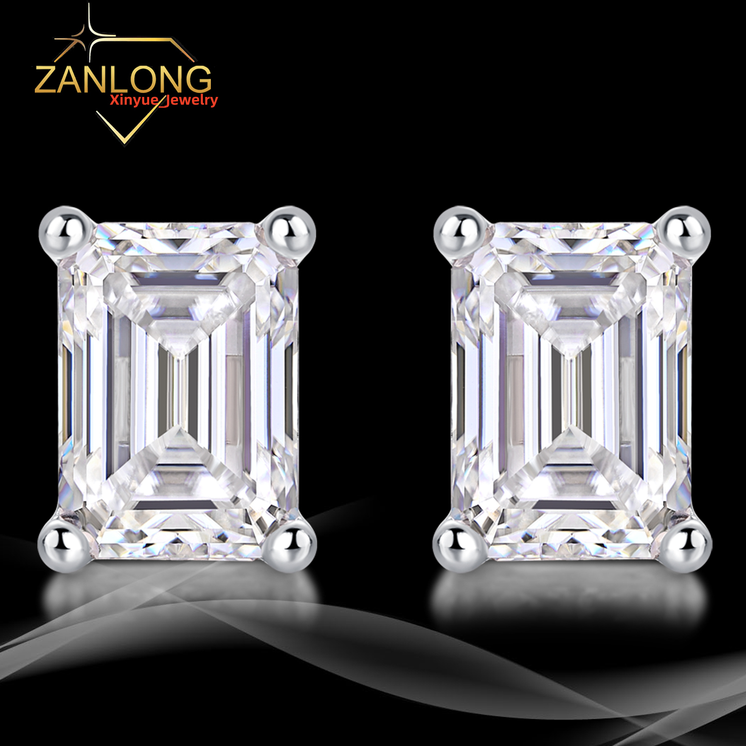 Zanlong 12955 S925 Sterling Silver Plated 18k Gold Emerald Moissanite Earrings Monsan Jewelry White Gold Plated Earrings