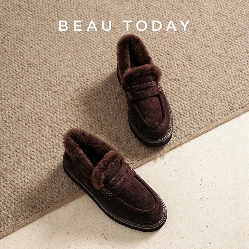 BEAUTODAY Winter Fur Shoes Women Cow Suede Leather Round Toe Penny Loafers Slipon Flats Casual Ladies Handmade 27862 251121