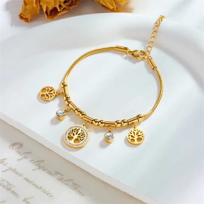 316L Stainless Steel Elegant Gold Color Tree - of - Life Charms Bracelet With Shiny Zircon Stone For Womens Daily WearW251121
