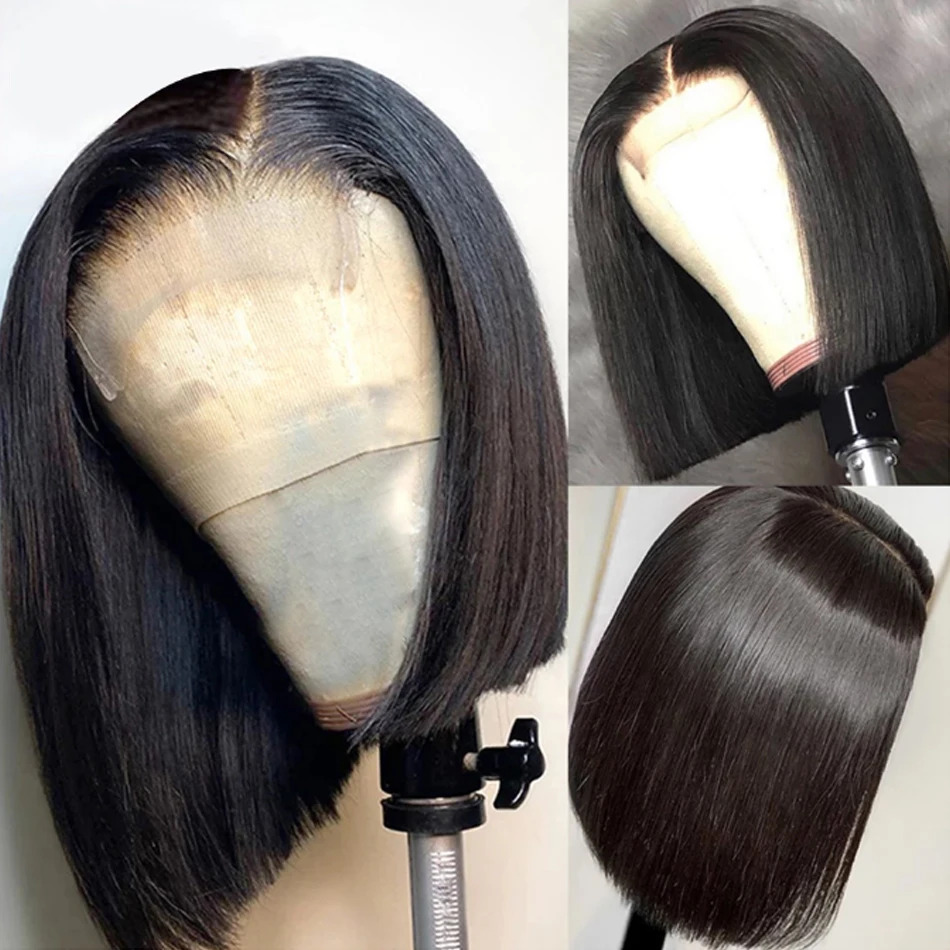 Pixie Cut Baby Hair Straight Bob Orange Simulation human Hair Peruvian Lace Frontal Wig For Women 13x4 HD Glueless Transparent Lace Front Synthetic Wi