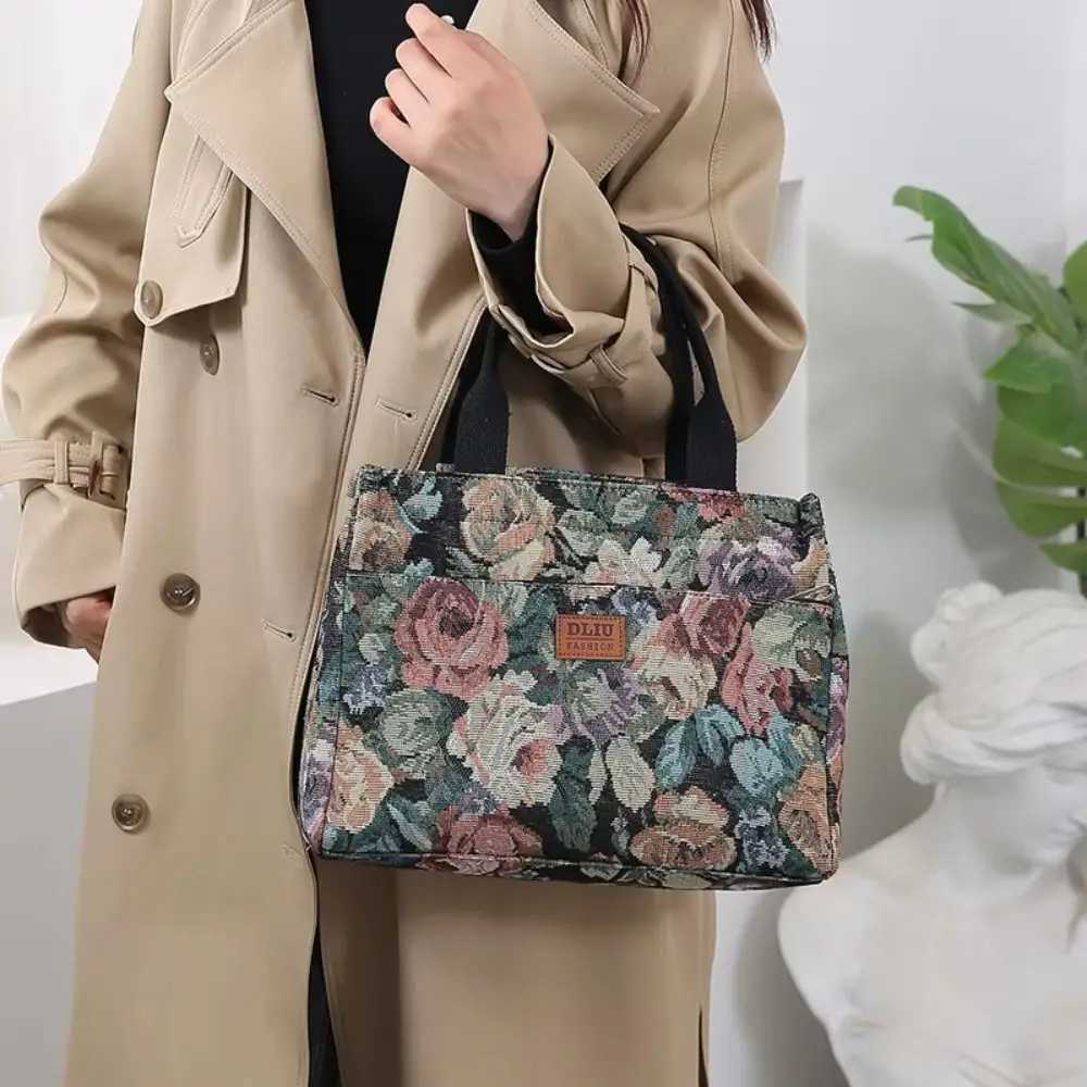 Portable Floral Print Womens Tote Bag Canvas Thickened Lunch Bag Zipper Large Capacity Jacquard HandbagT251121