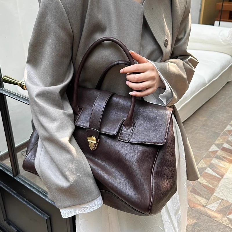 Designer Bag 476 Original Vegetable Tanned Top Layer Cowhide Hand-Held Briefcase, High Version Women's Leather Large Capacity Commuting Bag