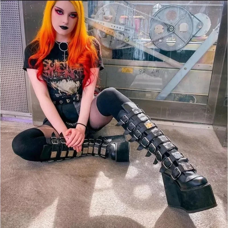 Women Boots Cosplay Ladies High Heel Platform Wedges Gothic Buckle Strap Long Tube Leather Female Plus Si 251031