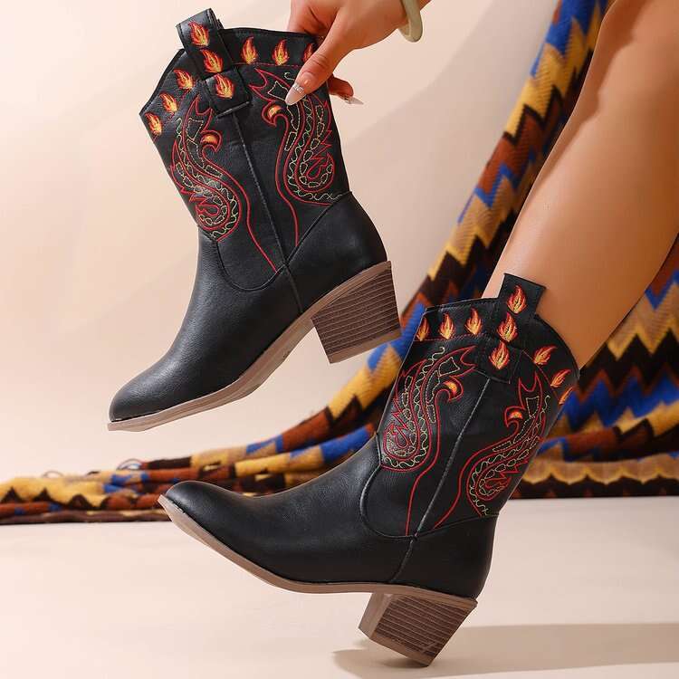 Plus Size Women's Shoes 2025 Autumn Winter New Round Toe Chunky Mid Heel Mid-Calf Western Cowboy Boots for Women Designer Shoe