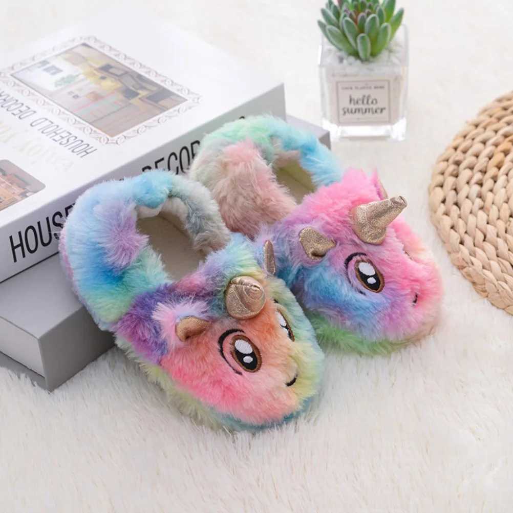 1Pair Children Winter Slippers Unicorn Design Warm Bedroom Shoes Soft Indoor Kids Slip-on Household Footwear Winter SlippersW251121