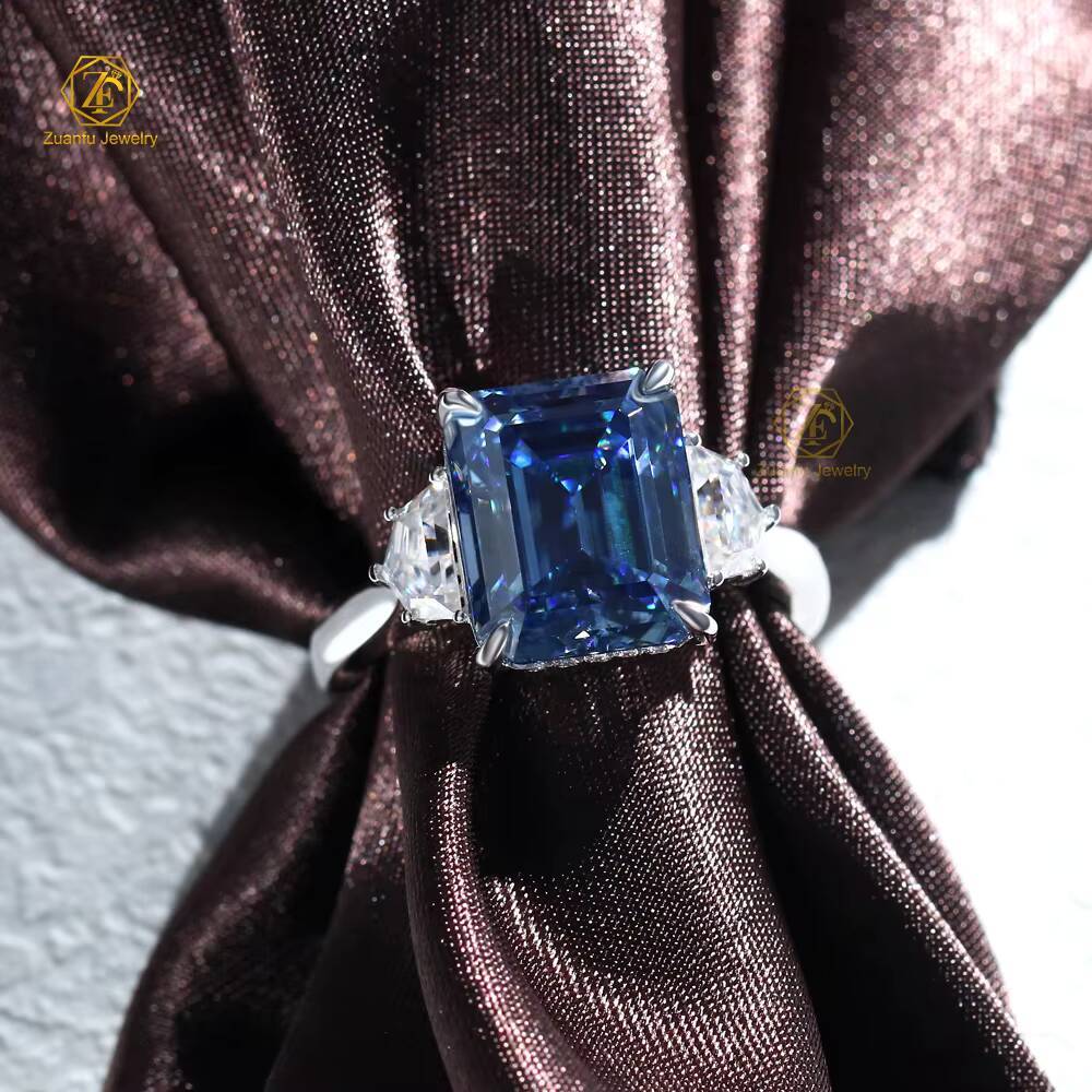 New Design 18K Solid White Gold 3 Carats Emerald Cut Blue Lab Moissanite Diamond Engagement Wedding Ring Dainty Elegant-Factory