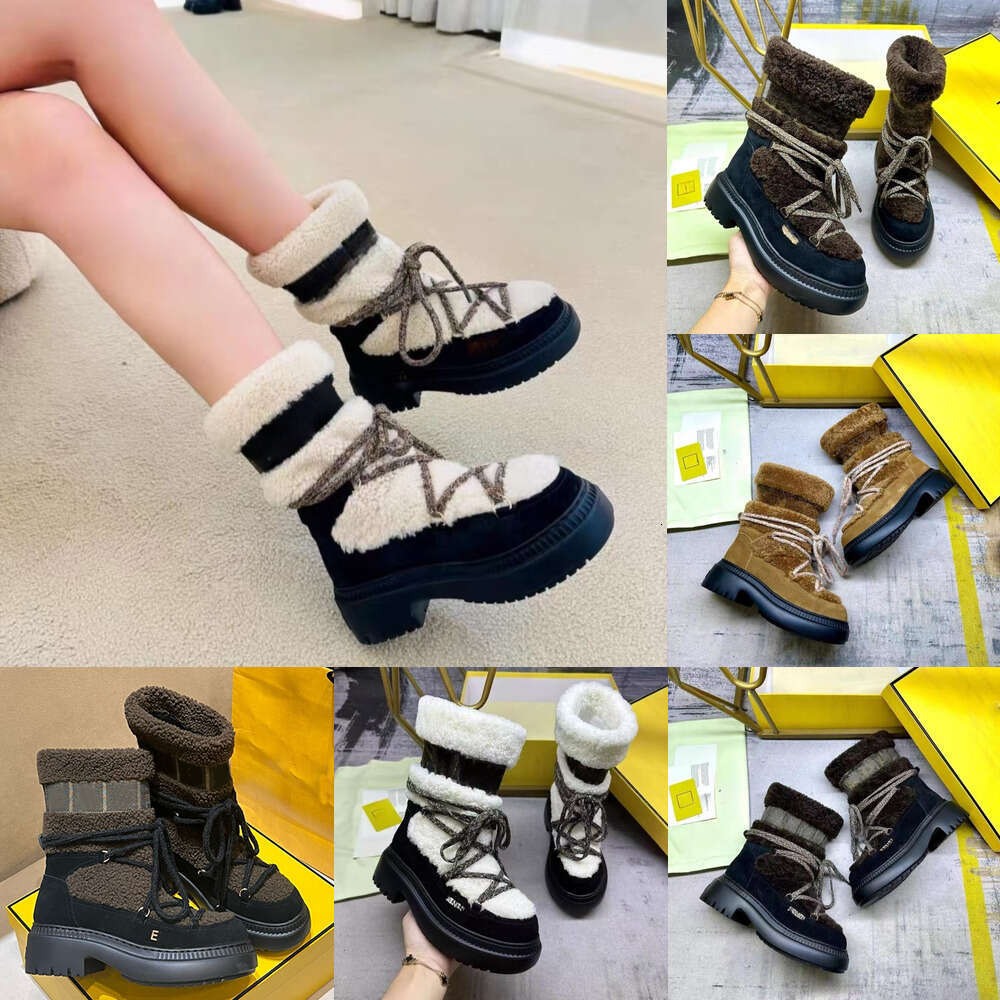Designer Luxury 2025 New Suede Round Toe Ski Stylish Womens booties Miss Jacquard Sheepskin Warm Comfortable color-Blocking Lace Up Flat Snow fur winter Boots shoes