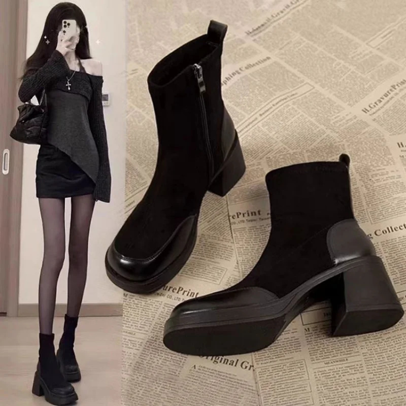 FallWinter Womens French Style Suede Ankle Boots Chunky Heel Side Zipper Short Faux Fur Lined Warm 251121