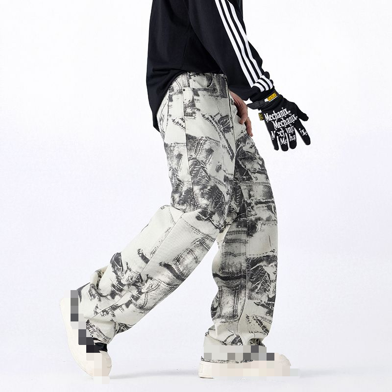 2025 Autumn/Winter new digital heavyweight American unique print fashionable super soft fabric wide-leg jeans for men---C206