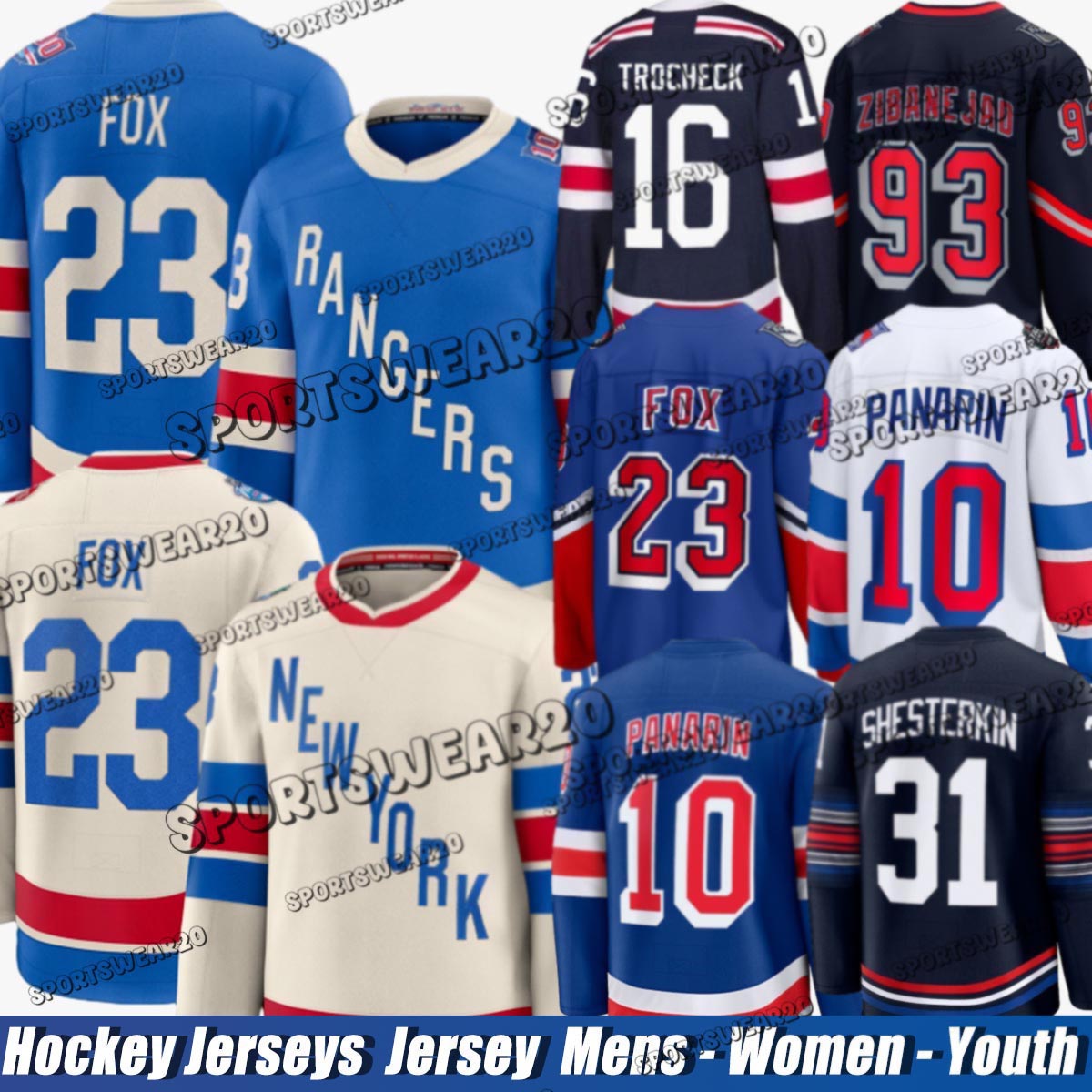 #10 Artemi Panarin NY Ranger Jerseys #23 Adam Fox #31 Igor Shesterkin #20 Chris Kreider #16 Vincent Trocheck #13 Alexis Lafreniere #73 Matt Rempe Hockey Jerseys
