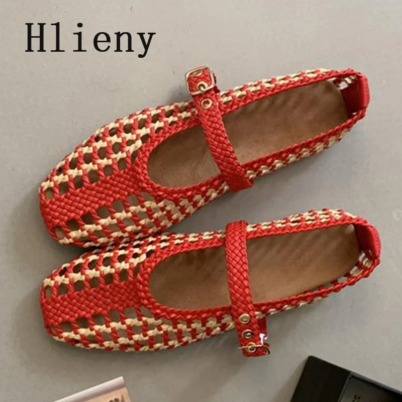 Hlieny n Weave Hemp Woman Loafers Fashion Hollow Out Square Toe Buckle Strap Casual Flat Women Mary Jane Shoes Brown 251121