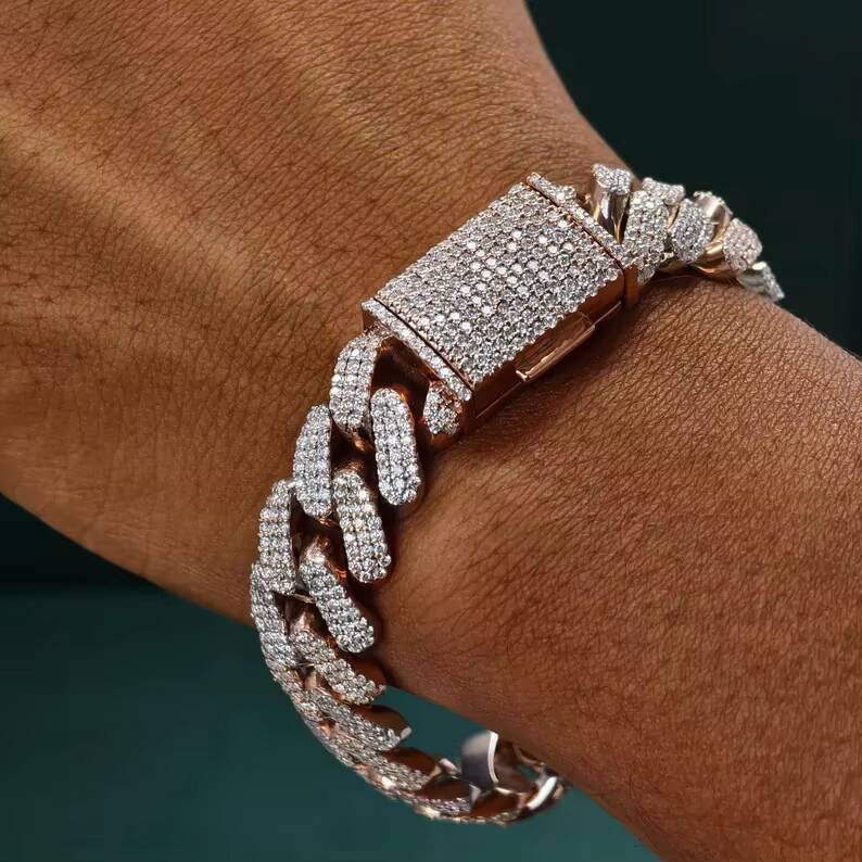 Iced Out Moissanite Cuban Link Bracelet Custom Clasp 925 Sterling Silver Rose Gold Hip Hop Moissanite Cuban Link Bracelet