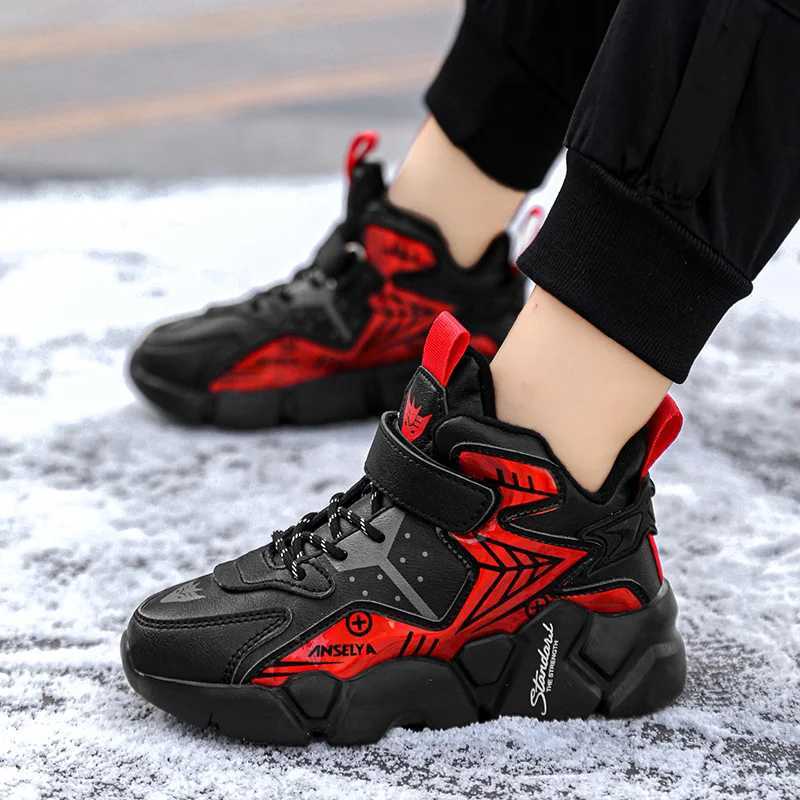 Winter Childrens Fashion Sports Shoes Leather Boys Running Sneakers Flat Casual Walking Shoes Warm Lightweight Outdoor BootsW251121