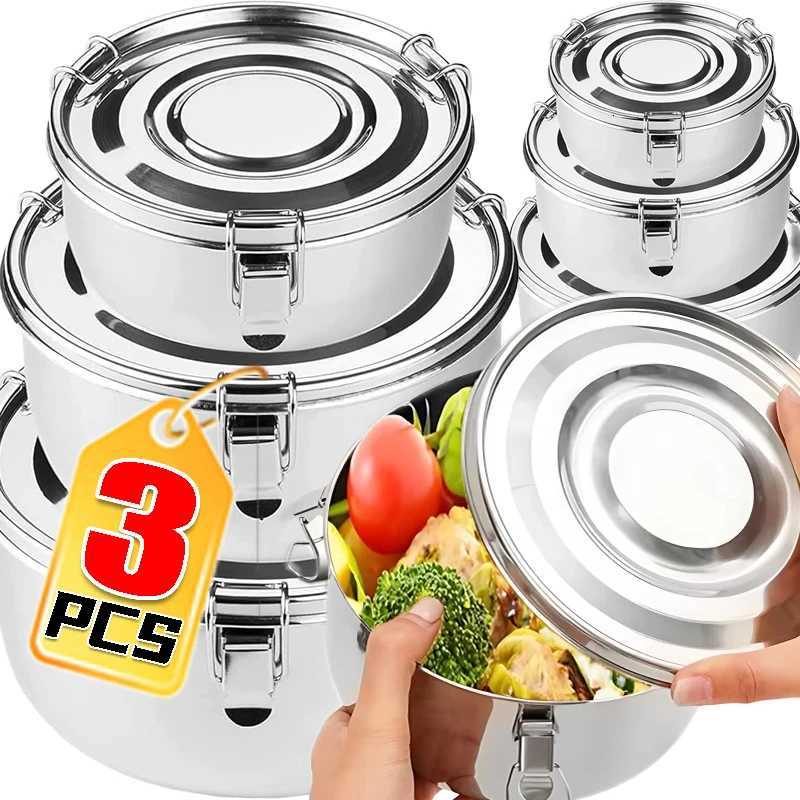 3/1PCS Stainless Steel Round Lunch Box with Lid Portable Leak-Proof Bento Boxes Food Storage Container Camping Picnic ContainersM251121