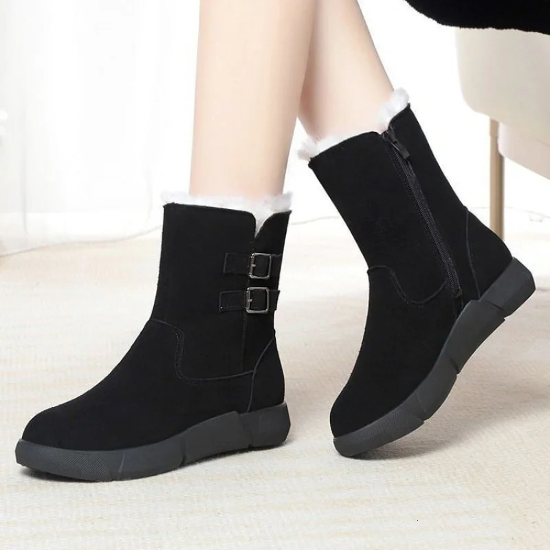 Winter Womens Snow Boots Minimalist Double Buckle Side Zipper FleeceLined Warm MidCalf 251121