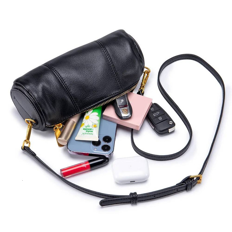 Women Genuine Leather Shoulder Cydrical Cowhide Crossbody Bag Large Capacity Lipstick Key Phone Pouch Case For Fem