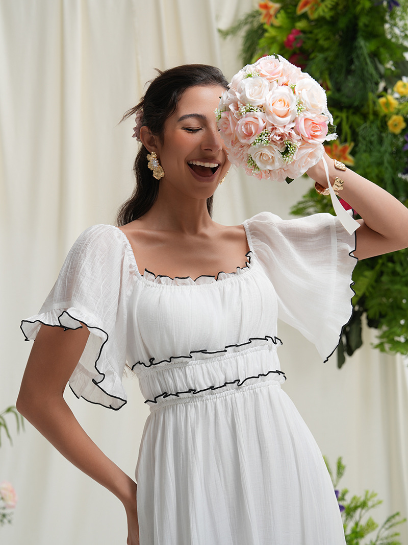 GY4260 High quality French sweet temperament skirt summer women's simple long dress square neck waist long skirt