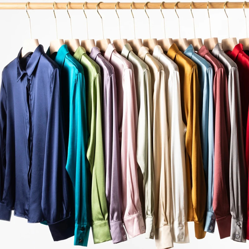 Womens shirt 93% mulberry silk 7% spandex 19 mom satin pure color classic long sleeved top for office women M L XL XXL 250418