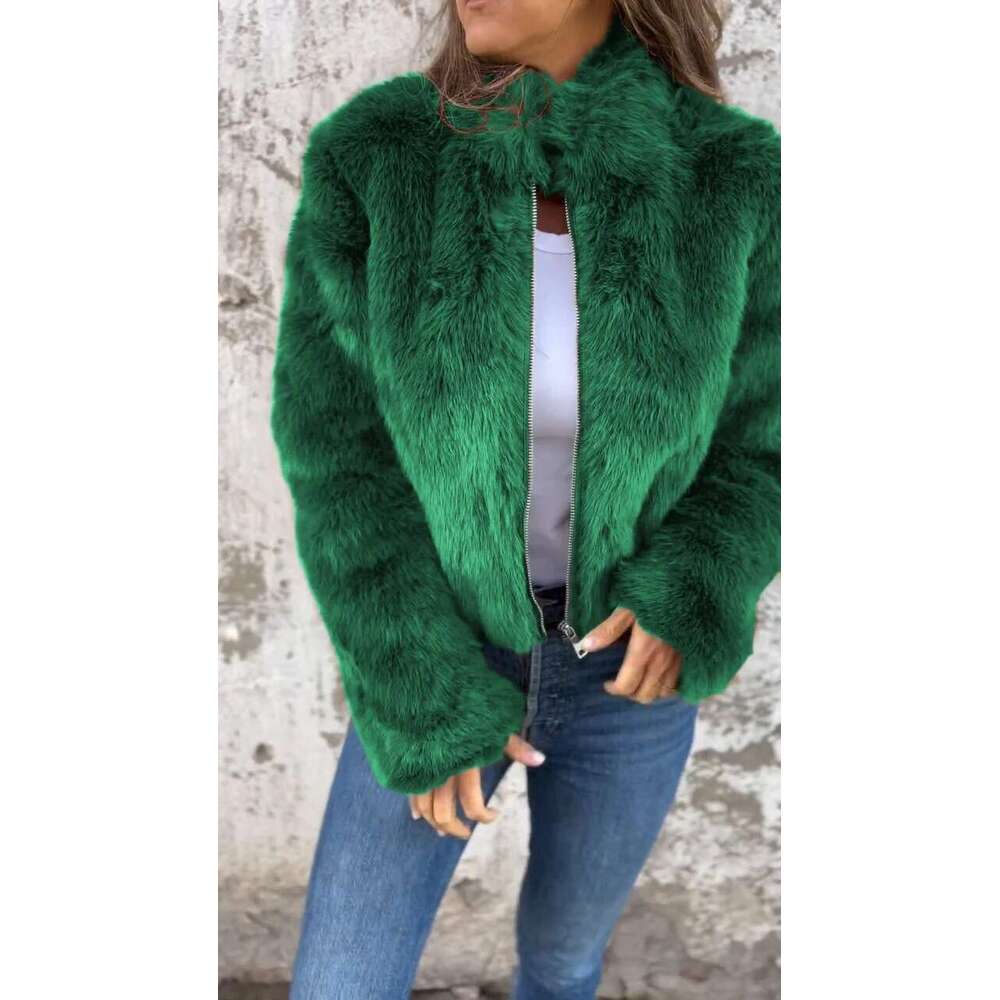 Fashion European Women's and Amazon American CrossBorder New Autumn Winter Faux Fur High Collar Zipper Short Casual Jacket Coat