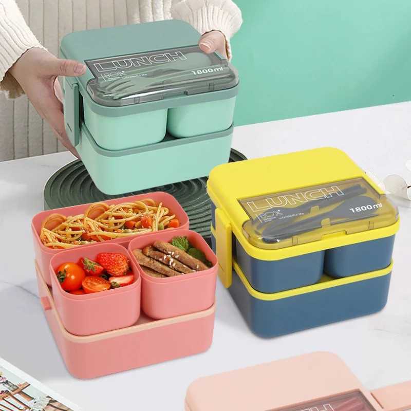 1800ML Square Double Layer Compartment Lunch Box Microwave Safe Large Capacity Plastic Bento Container for Students and OfficeM251121
