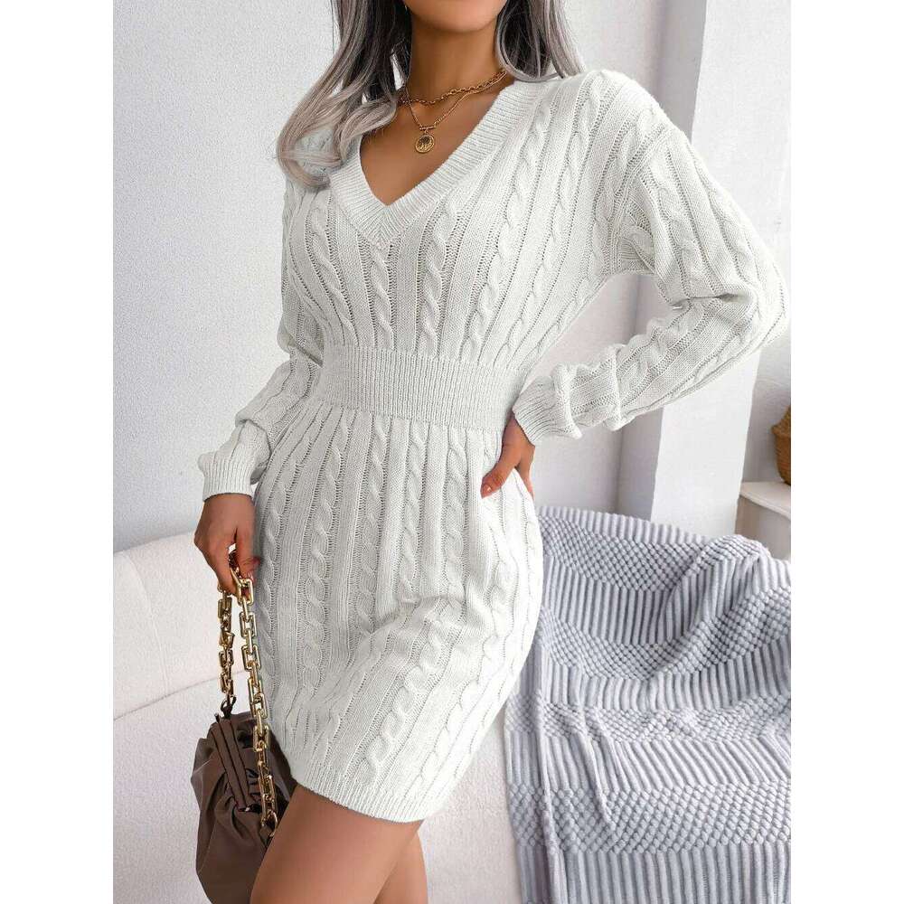Knitted Sweater Dress For Women Autumn Winter Long Sleeve Slim Waist Knitwear Clothes White Blue Khaki
