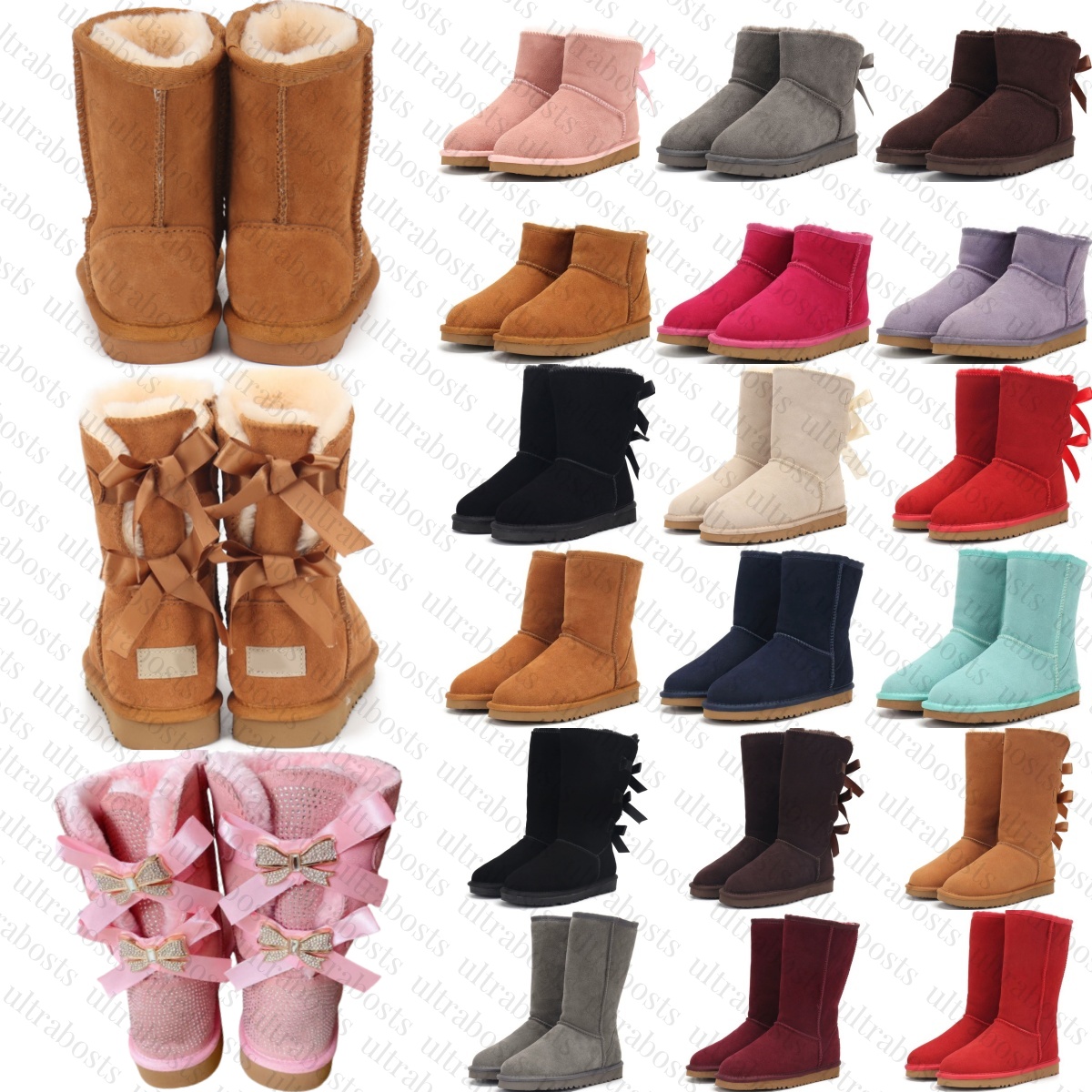 Australia Bailey Bow Classic Boots Designer Ultra Mini rhinestone Warm Snow Short Boot Winter womens mens Chestnut Grey Girls fur Booties Pink Re