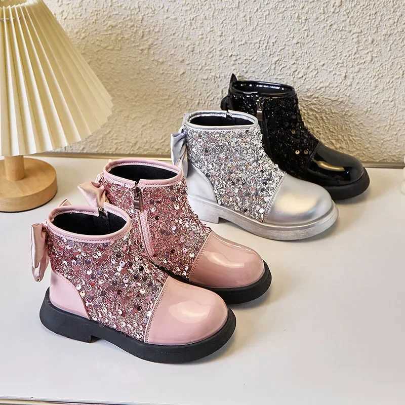 2024 Children Short Boots for Girls Autuumn Winter New Fashion Korean Style Princess Bowtie Party Outside Versatile Leather ShoeW251121