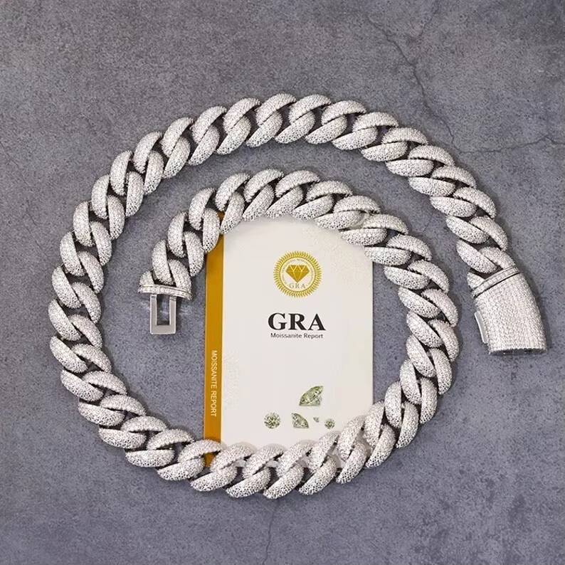 Iced Out Rapper Moissanite Cuban Chain Necklace Sparkling Jewelry Hip Hop 17mm Moissanite Miami Cuban Link Chain in Silver 925