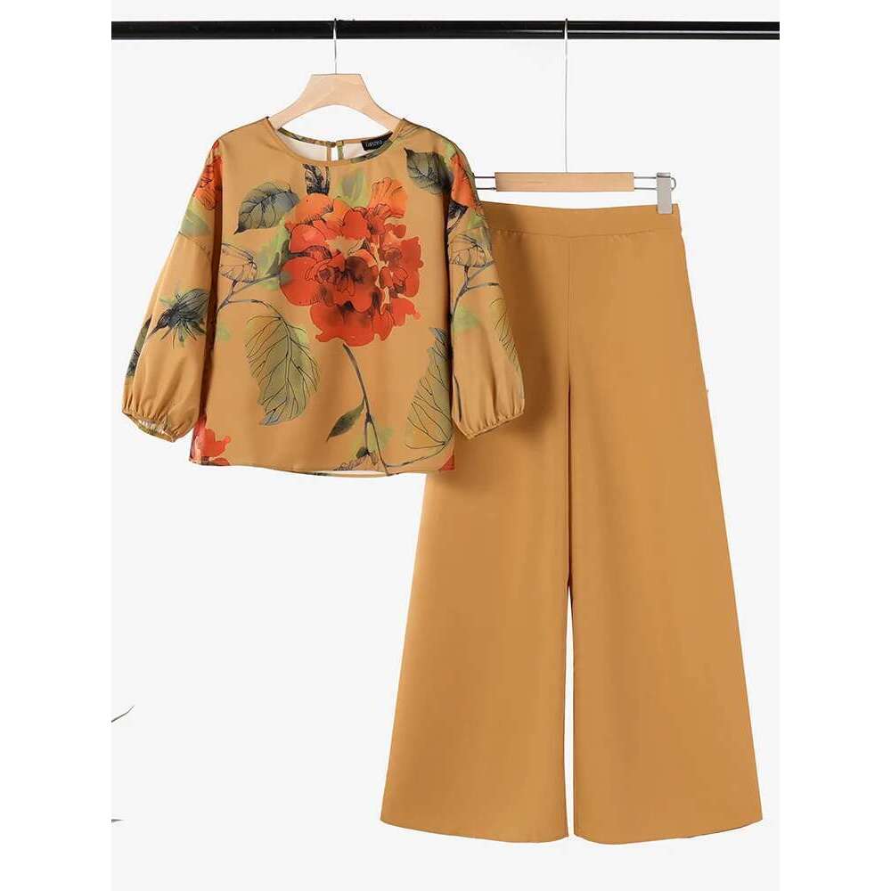 Designer Clothing Designer Clothing ZANZEA Spring 2Pcs Outfits Women Pant Sets 3/4 Sleeve Ral Printed Blouse Loose Trousers Suits Elegant Work Tracksu
