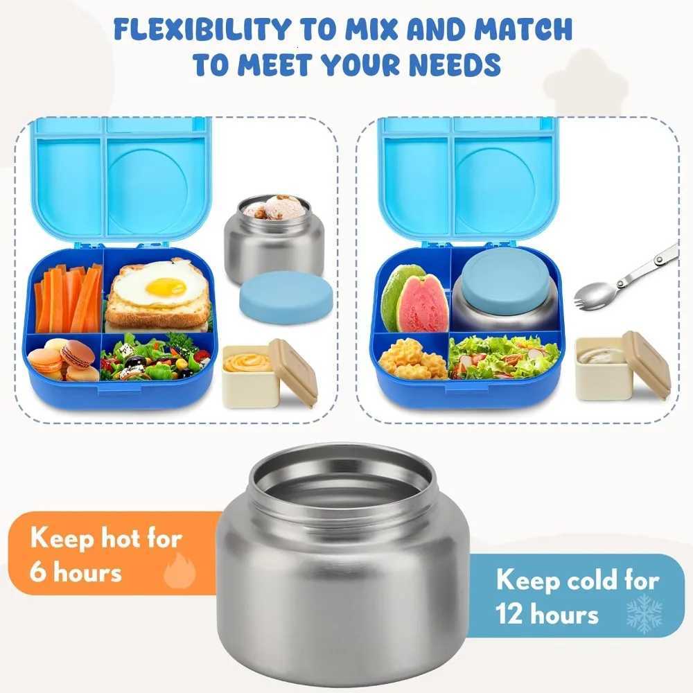 Kids Bento Lunch Box with 12oz Soup Thermos 4 Compartments Leak-Proof Container Set with Spoon Sauce JarM251121