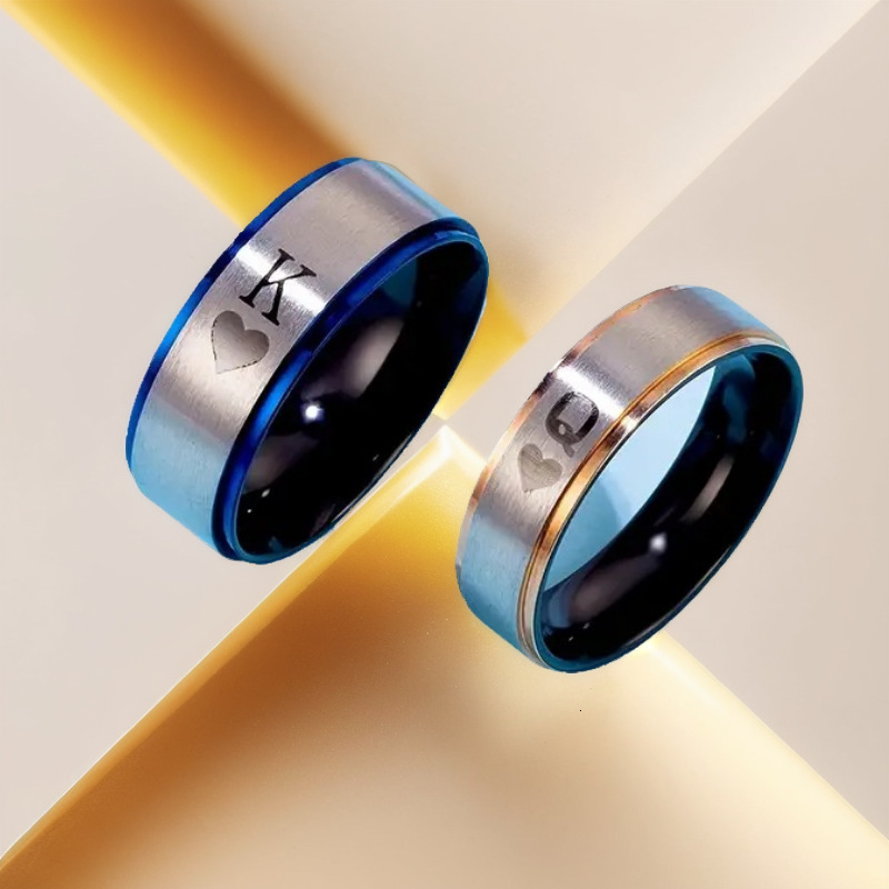 New King Queen Titanium Steel Personalized Spades K Q Two tone Couple Ring Jewelry