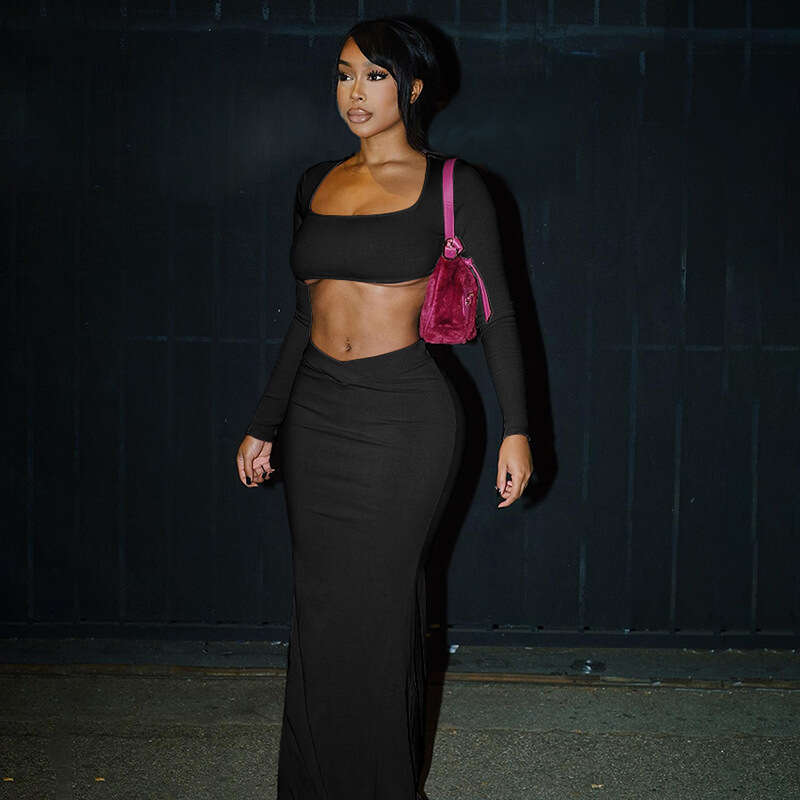 hoodie Women's Wear Winter New Fashionable Trendy Sleeve Square Neck Short Fit Top With Hip Wrapping Long Skirt Set jacket