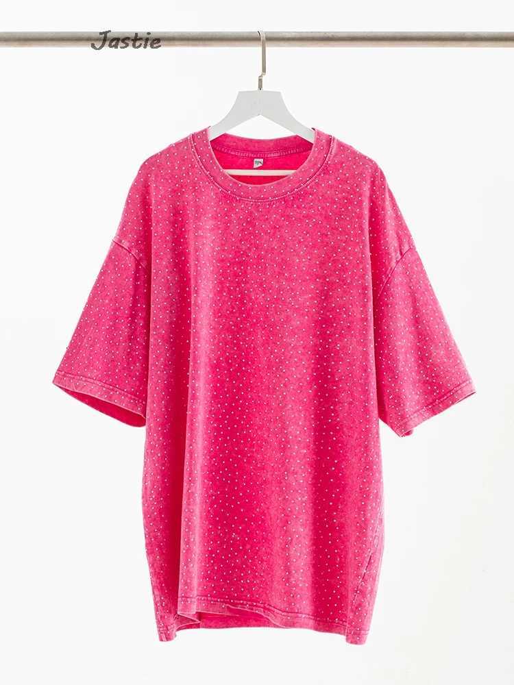 Summer casual black rhinestone womens T-shirt round neck short sleeved T-shirt loose medium long T-shirt street womens clothing X250421