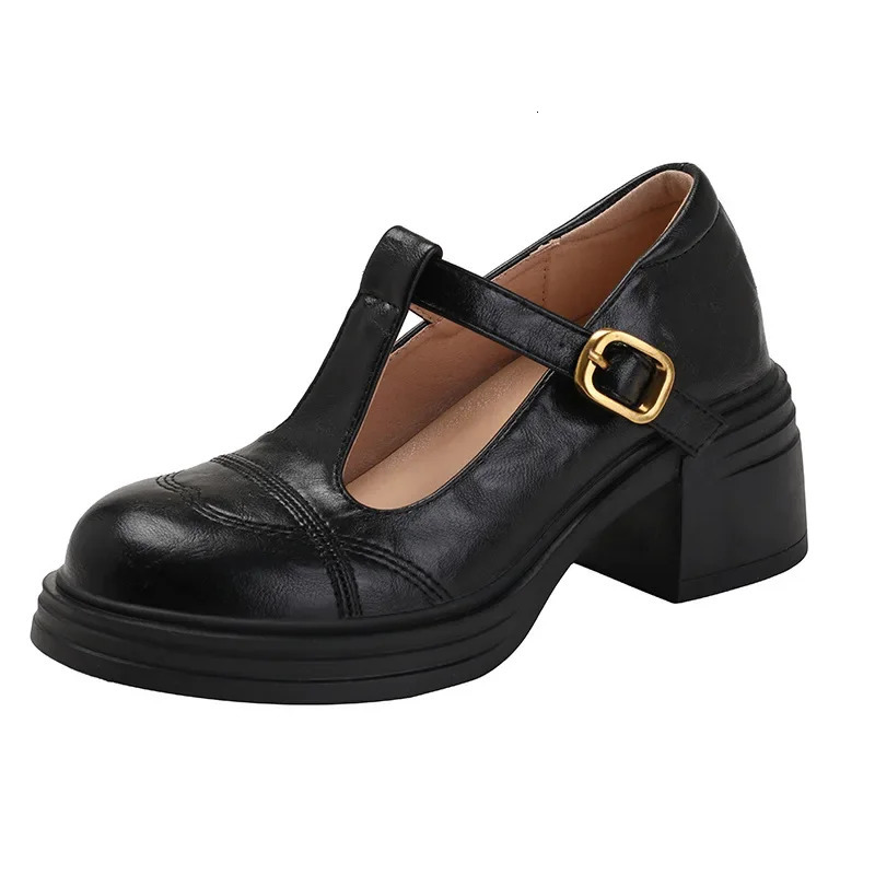 Black Mary Janes Womens Shoes Thick Heel Retro British Style Internal Heightening Single High 251121