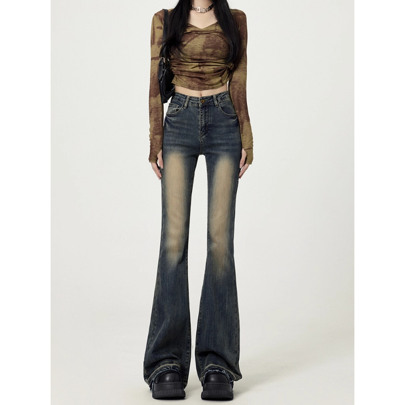 Designer luxury Vintage Flared Jeans for Women 2025 New Early Autumn High Waist Slim Fit Frayed Hem Slimming Bootcut Stretch Pants
