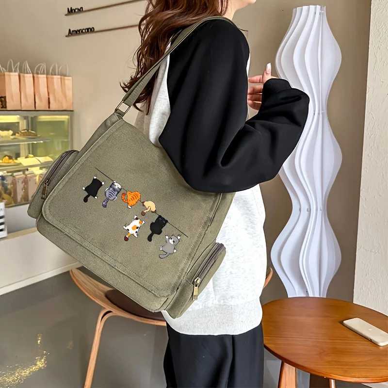 Adorable Cat-Themed Womens Crossbody Bag Large Capacity Canvas Students Book Bag Army Green Females Shoulder BagT251121
