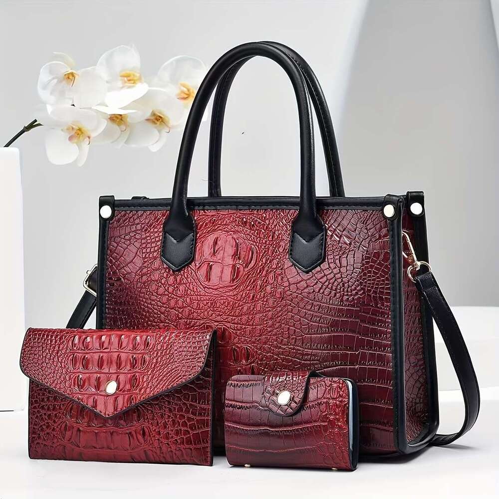 Light Luxury High-End Genuine Leather Crocodile Pattern Handbag Fashion Trend Large Capacity Middle-Aged Mom Shoulder Three-Piece Set Letter Bag