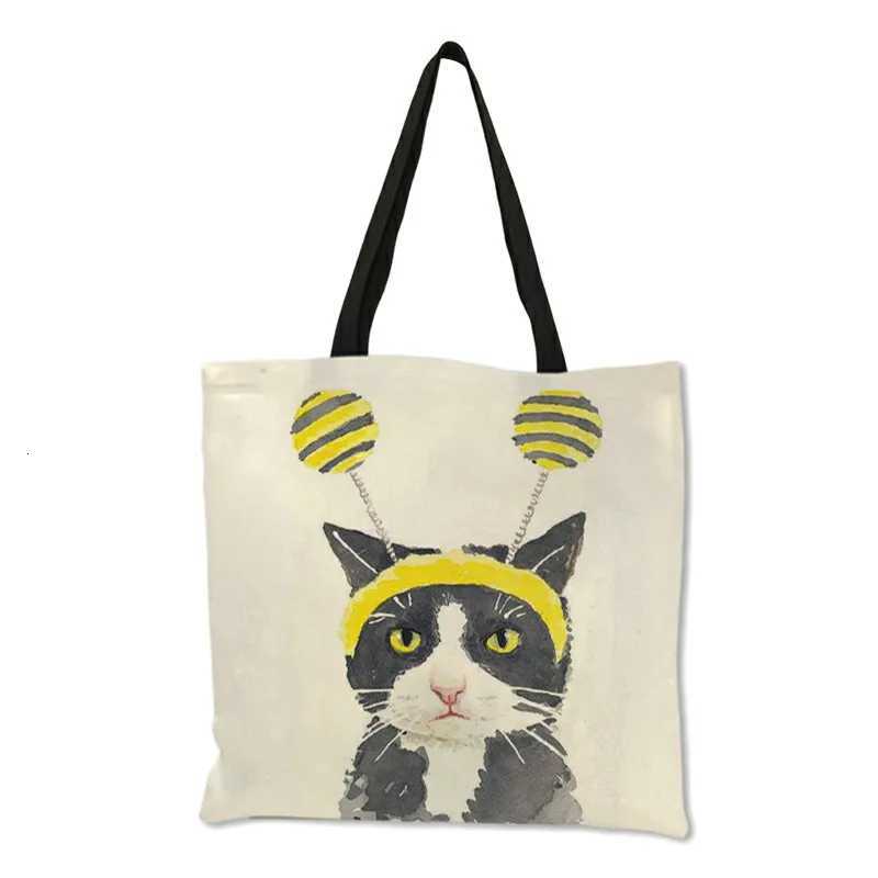Cute Cat Print Reusable Shopping Bag Women Bags 2019 Summer Tote Bag Traveling School Bags B06034T251121