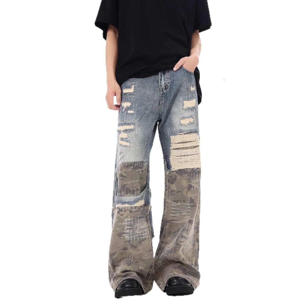 Streetwear Men Leopard Trend Print Harajuku Flared Jean Vintage Distressed Patchwork Letter Y2K Punk Aesthetic Wide Denim Pants 251008